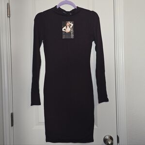 Naked Wardrobe Chocolate Brown Mock Neck Mini Long Sleeve Dress